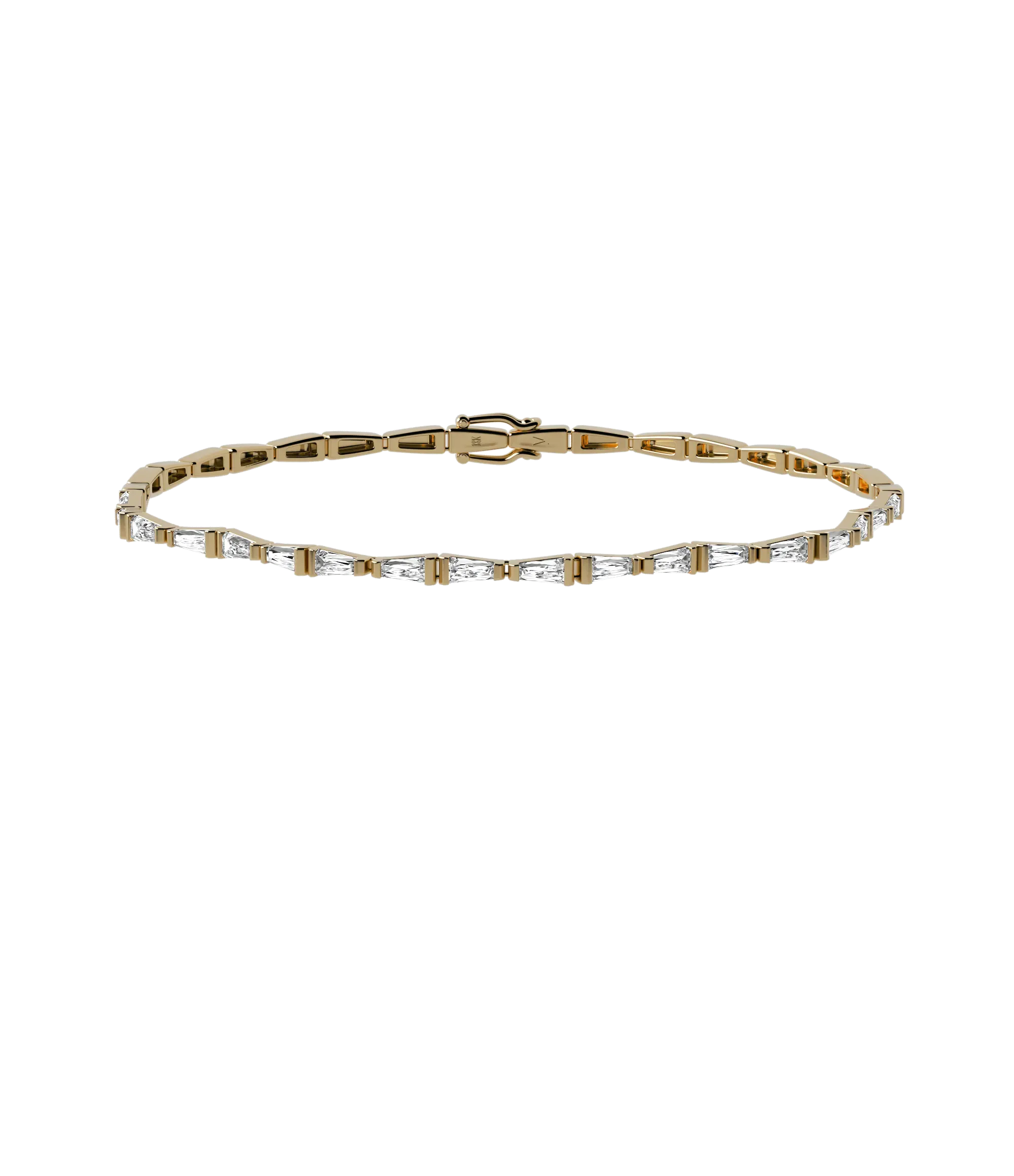 Tapered baguette lab-grown diamond tennis bracelet, 1.92ct in 18K recycled yellow gold.