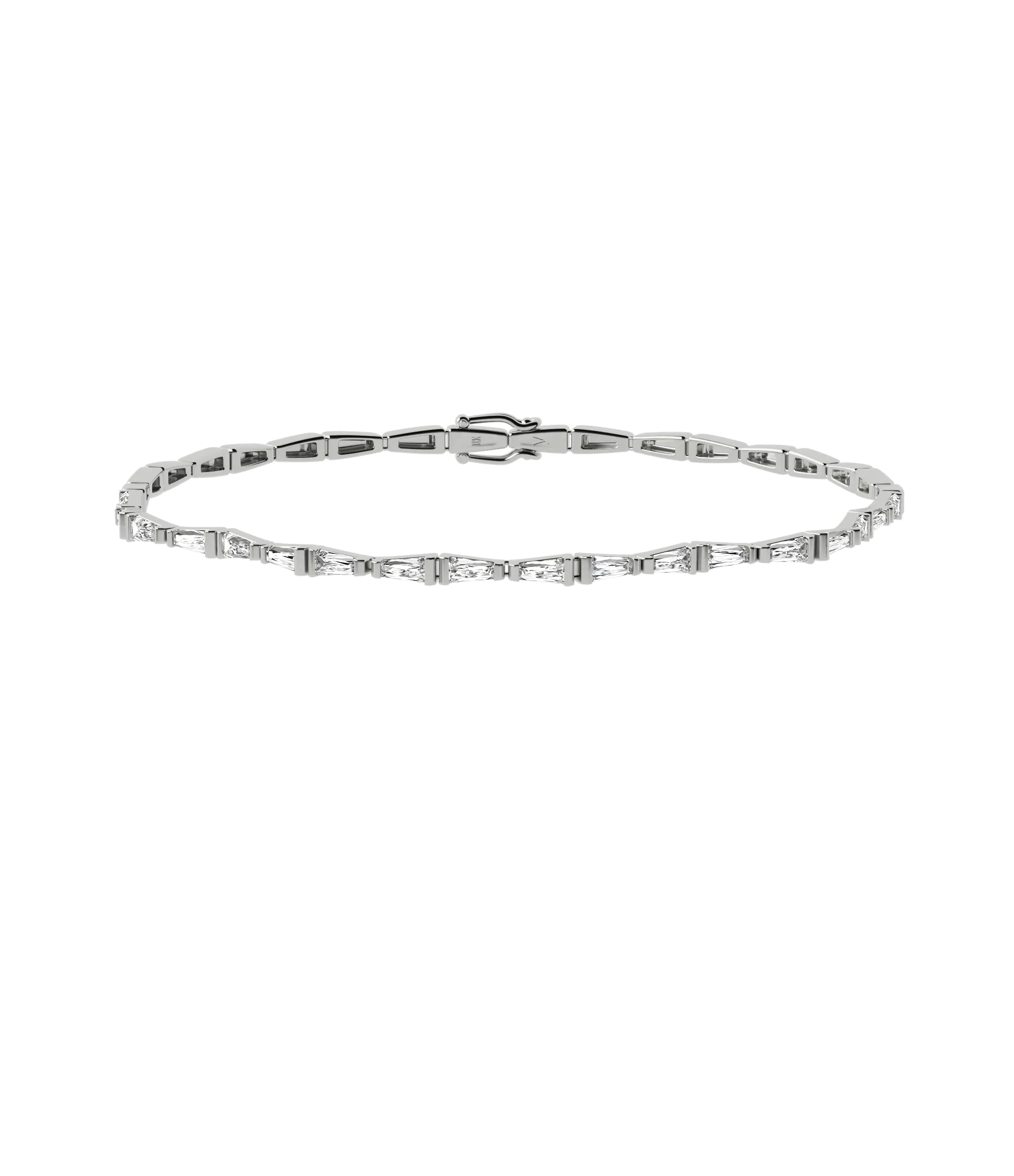 Tapered baguette lab-grown diamond tennis bracelet, 1.92ct in 18K recycled white gold.