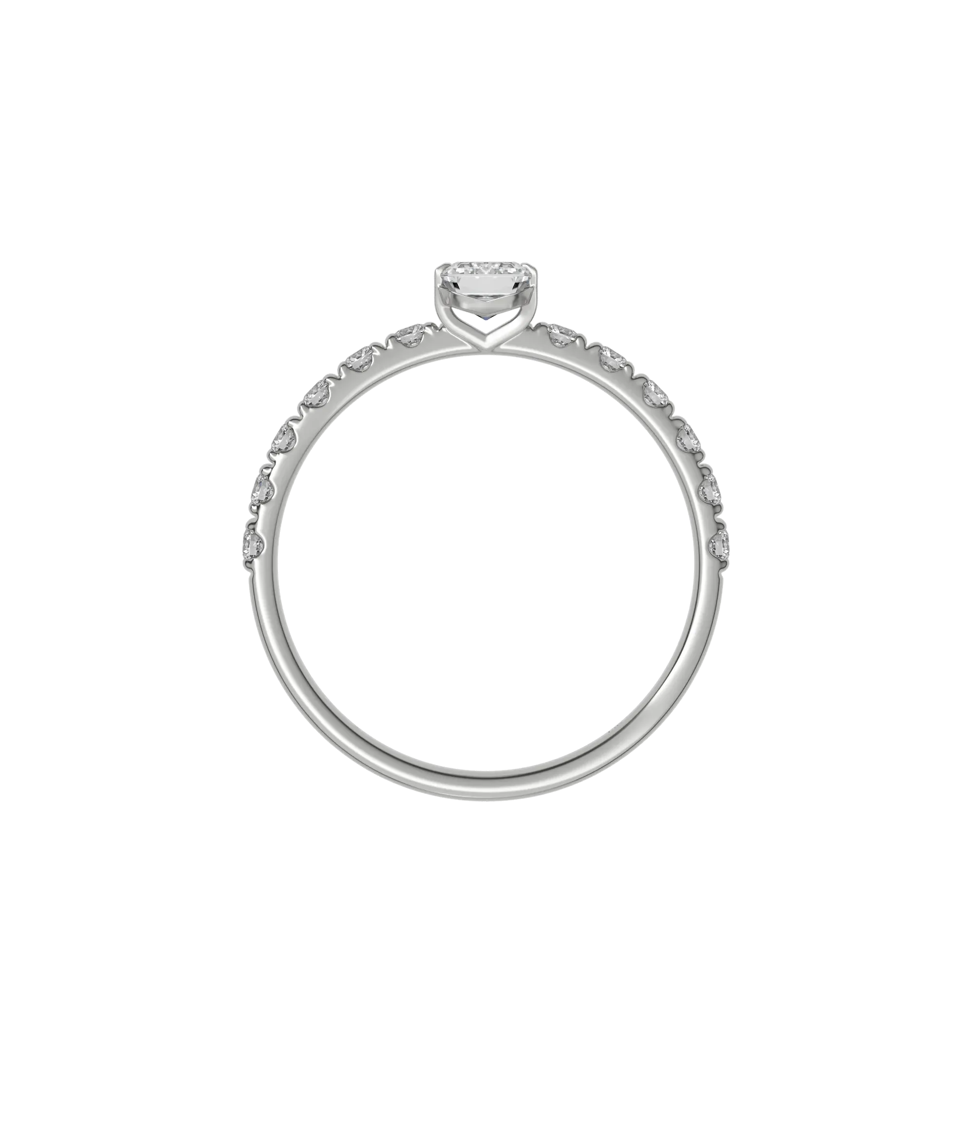 Emerald cut lab-grown diamond pavé solitaire ring in 18K recycled white gold
