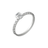 Emerald cut lab-grown diamond pavé solitaire ring in 18K recycled white gold