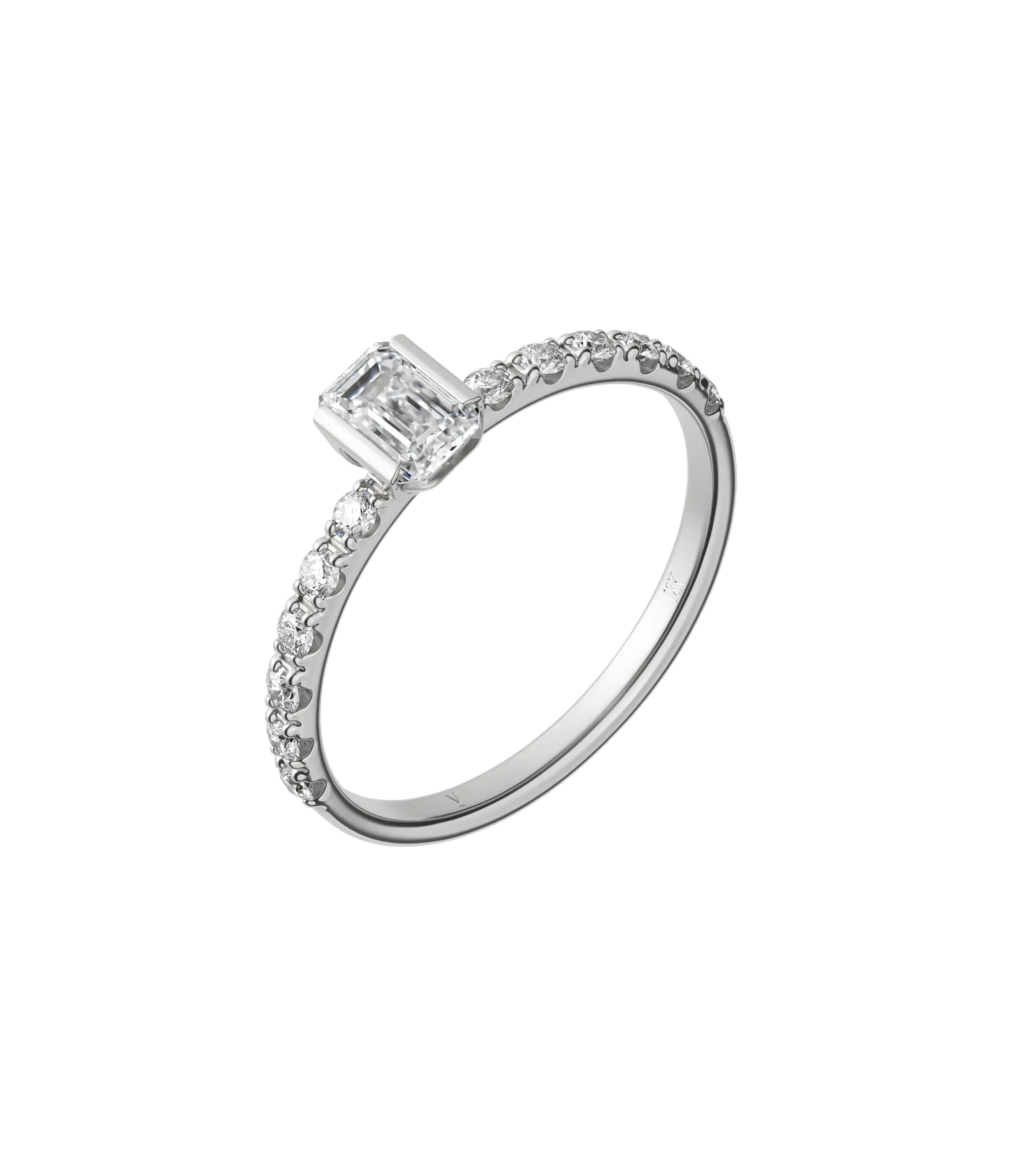 Emerald cut lab-grown diamond pavé solitaire ring in 18K recycled white gold
