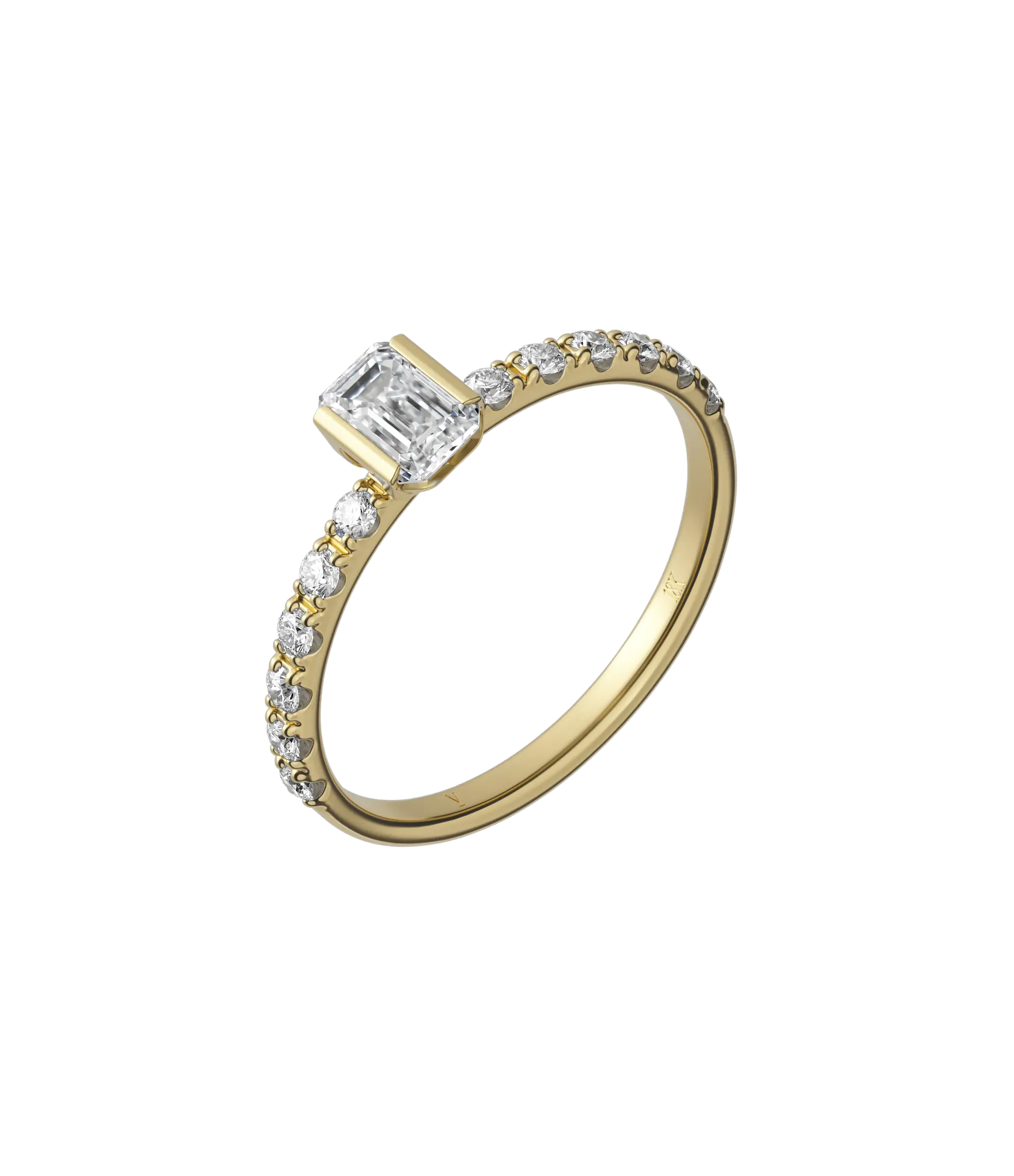 Emerald cut lab-grown diamond pavé solitaire ring in 18K recycled yellow gold